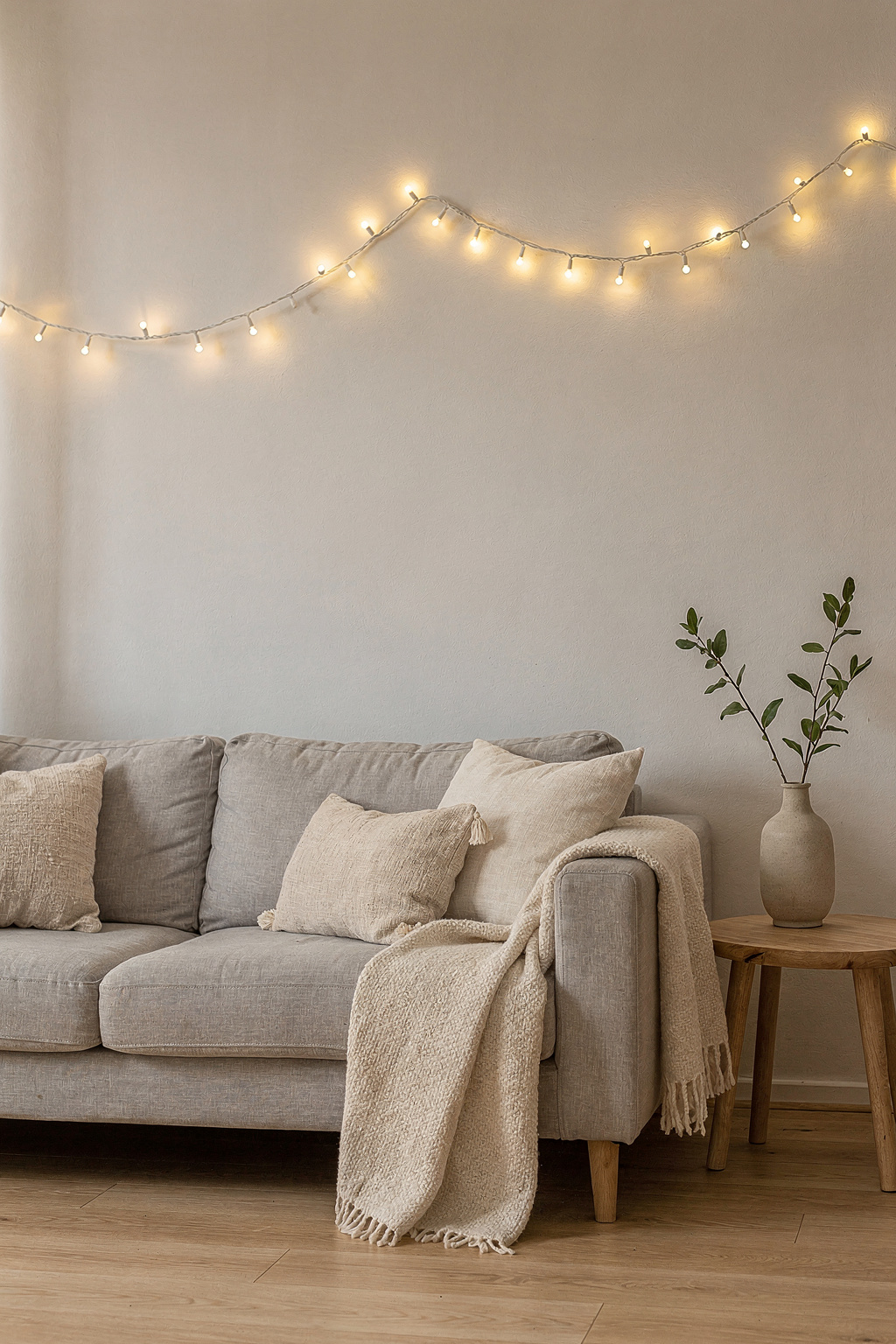 Lichterkette aus warmweißen LEDs hängt dekorativ an einer hellen Wohnzimmerwand über einem Sofa.