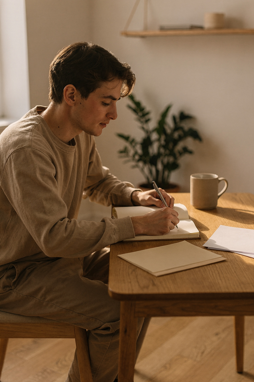 Eine junge Person sitzt am Schreibtisch und prüft eine Budgetübersicht in einem leeren Notizbuch, Kaffeetasse daneben.