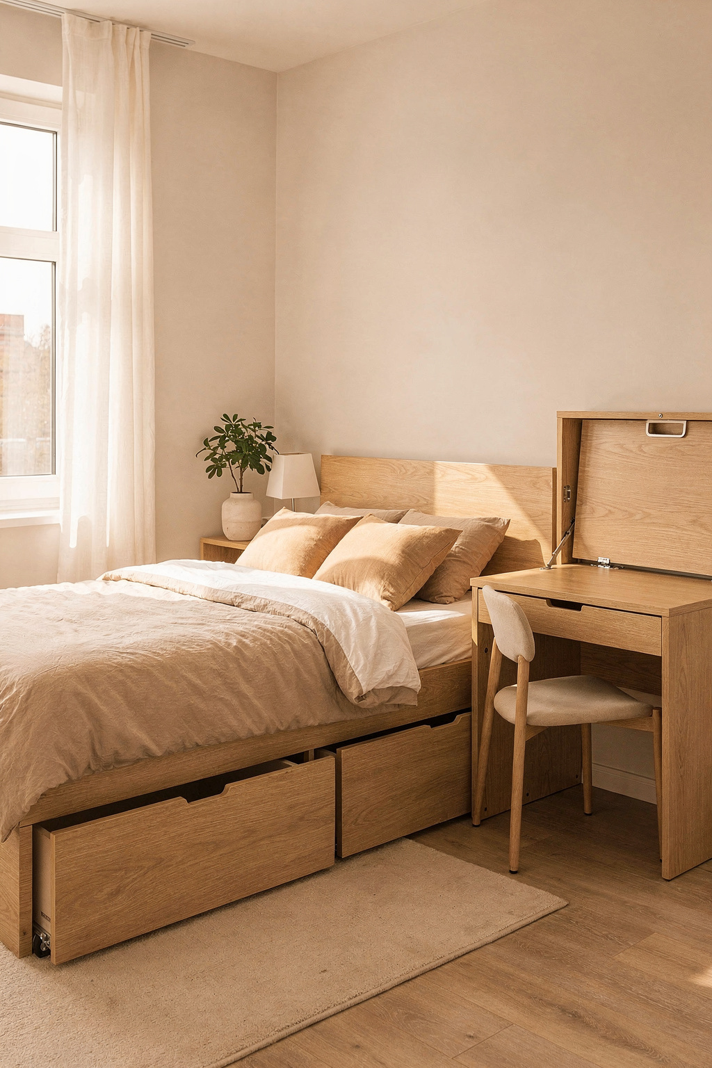 Multifunktionale Möbel in kleiner Wohnung, ein Bett mit Stauraum darunter und ein ausklappbarer Schreibtisch.