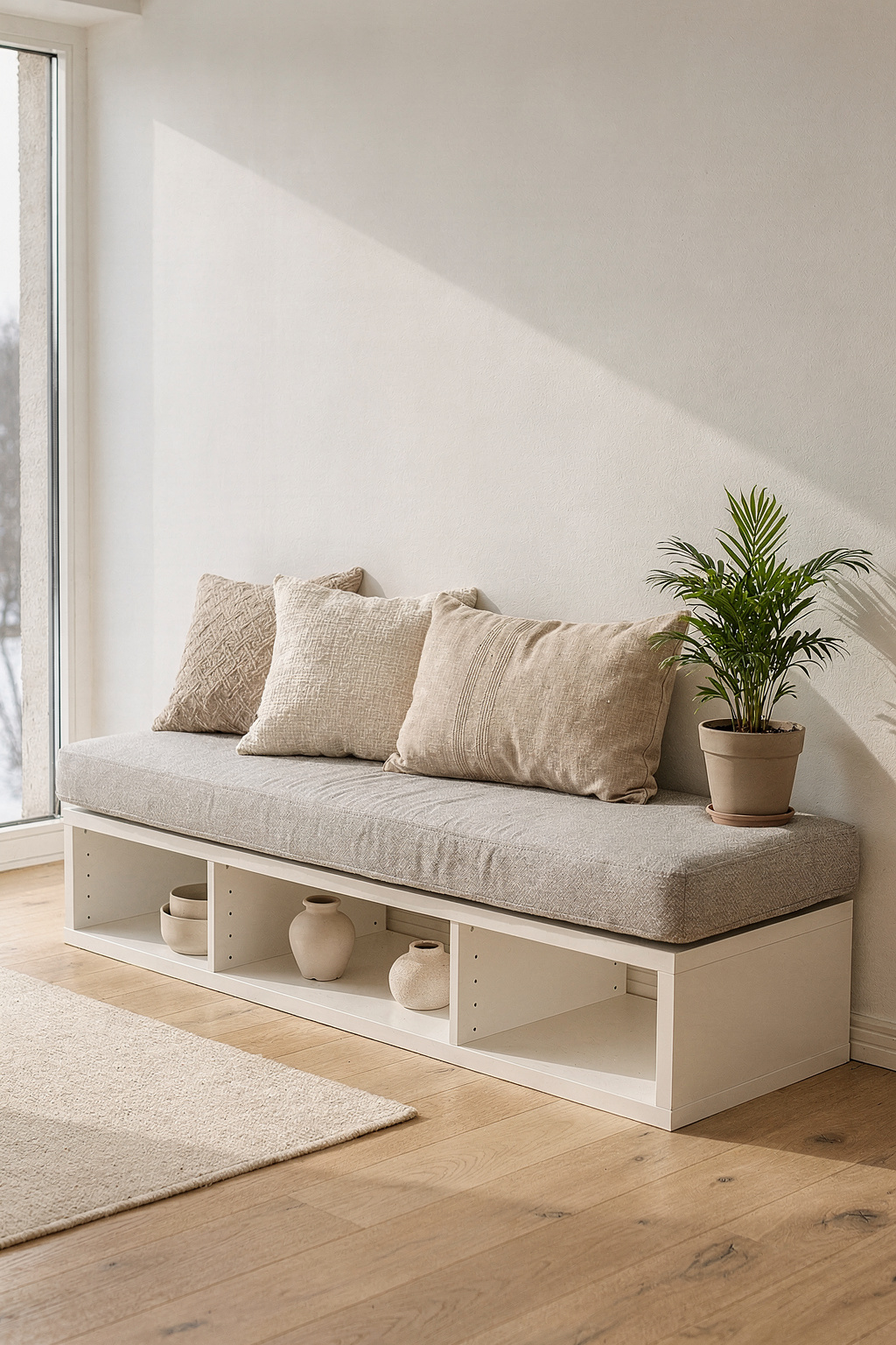Eine umgebaute IKEA Sitzbank mit gepolstertem Sitzplatz und Stauraum in einem hellen Wohnraum.