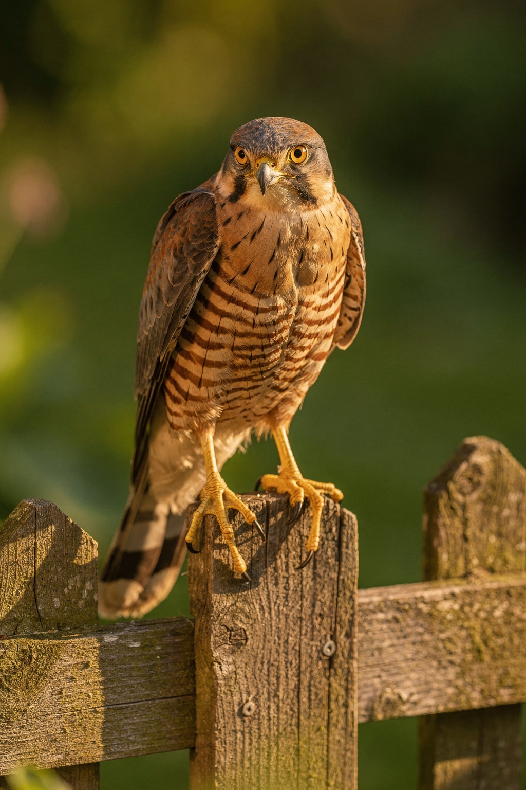 Ein kleiner Greifvogel sitzt auf einem Holzpfahl im Garten. Sein Gefieder zeigt braune und cremefarbene Töne.