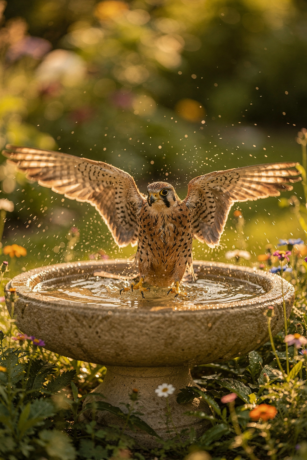 Ein kleiner Greifvogel badet in einer flachen Steinschale im Garten. Wassertropfen spritzen auf das Gefieder.