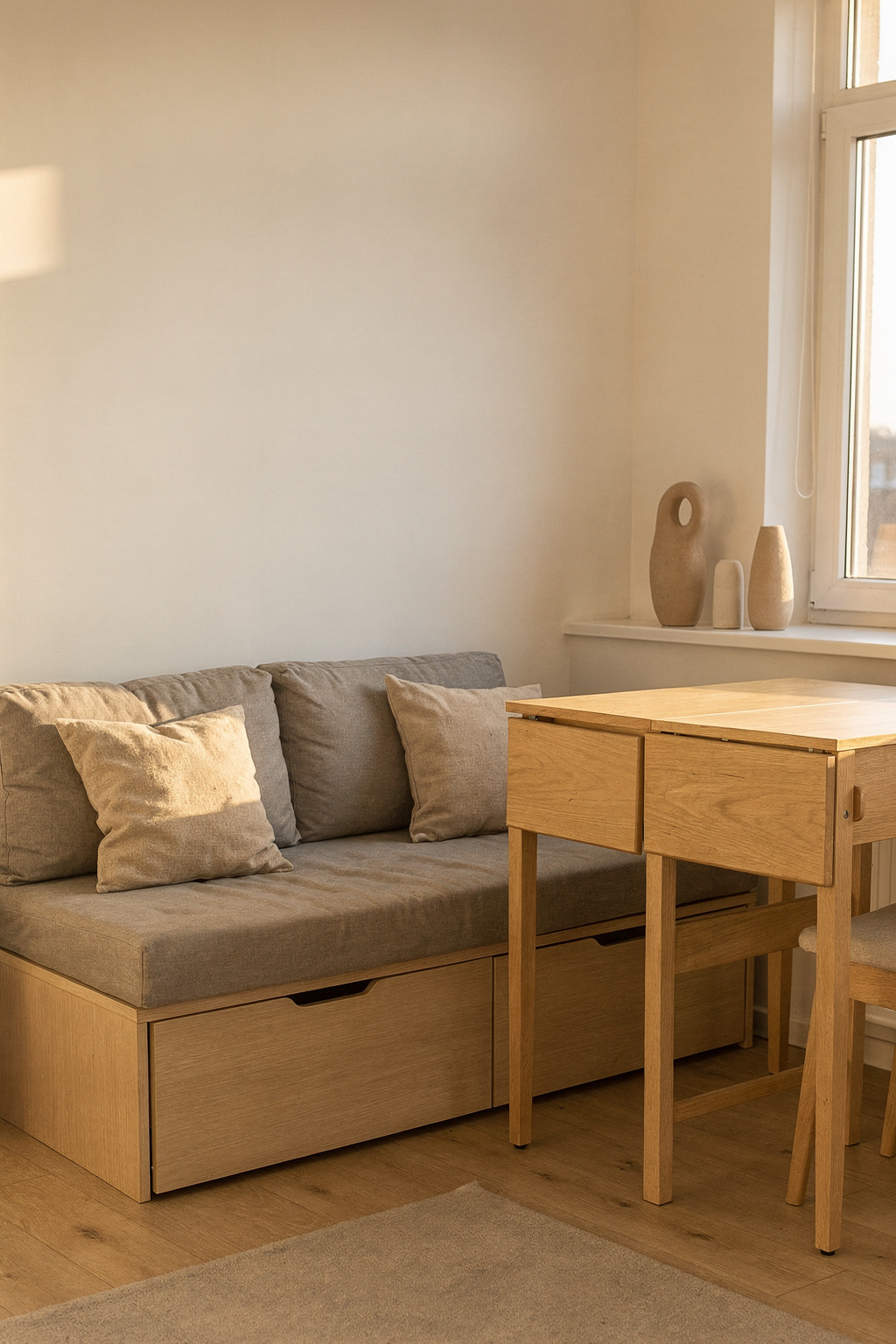 Multifunktionale Möbel in einer kleinen Wohnung: ein Sofa mit Stauraum und ein ausziehbarer Tisch.