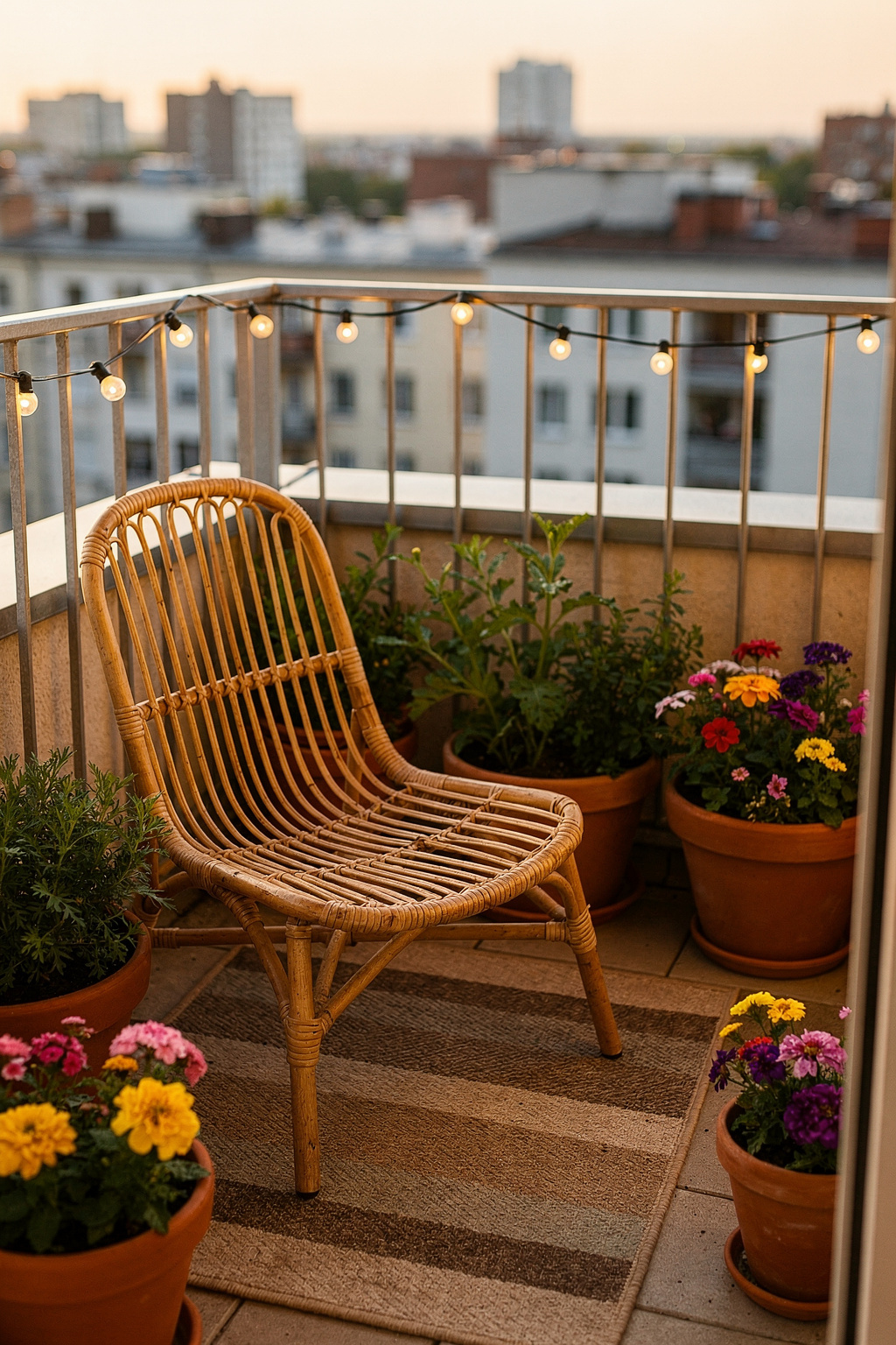 Kleiner Balkon mit Rattanmöbeln, Terrakottatöpfen und Lichterkette am Geländer.