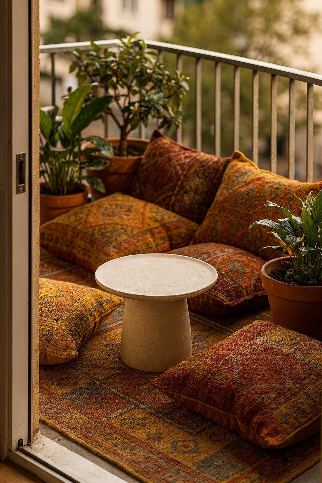 Boho-Balkon mit bunten Textilien, gemusterten Kissen und einem geflochtenen Teppich auf dem Boden.