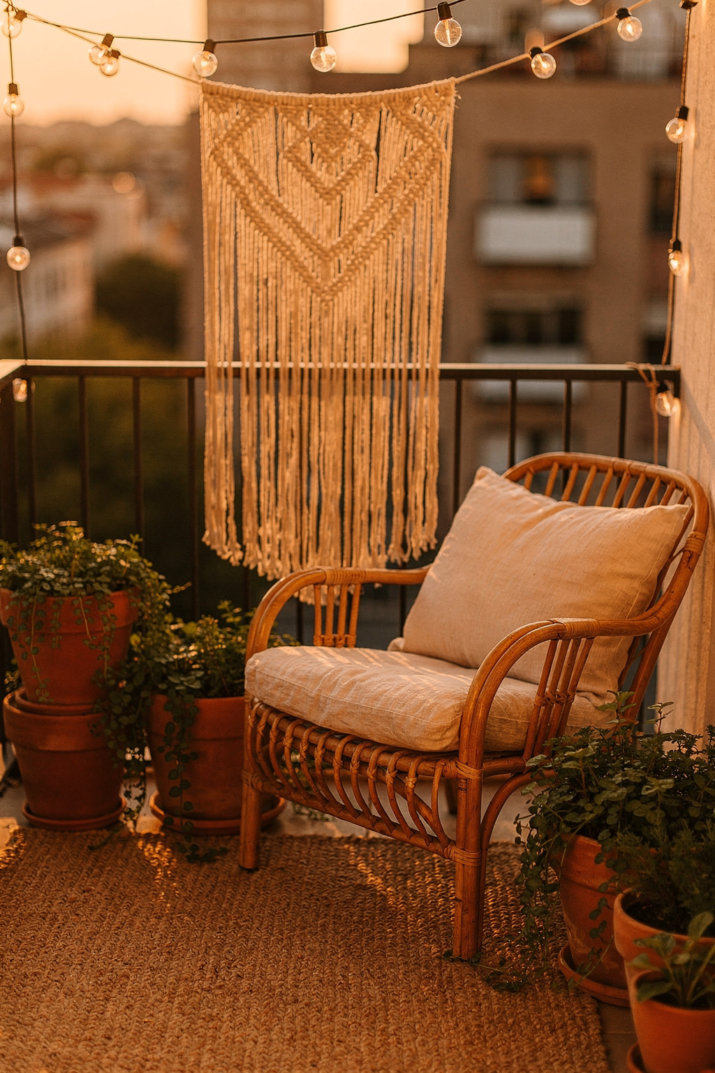 Kleiner Boho-Balkon mit Rattanstuhl, Makramee-Wandbehang und Terrakotta-Töpfen im warmen Abendlicht.