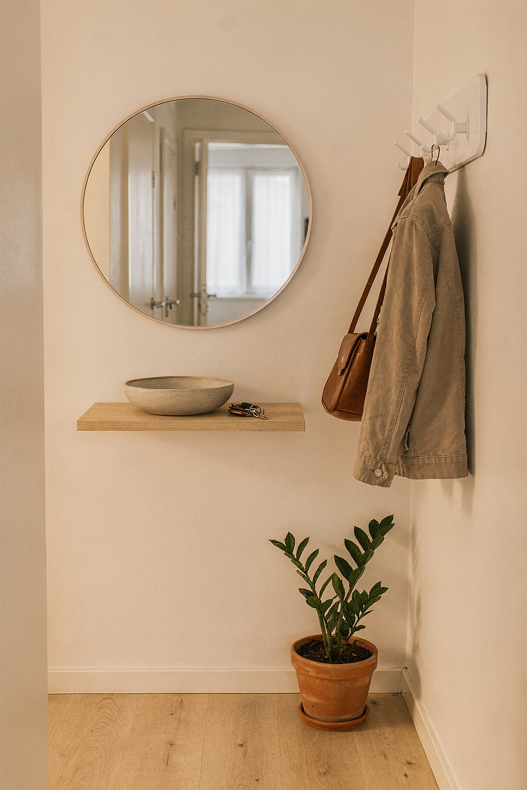 Schmale Diele mit schlanker Garderobe, Spiegel und Ablagekorb für die Flur Gestaltung.