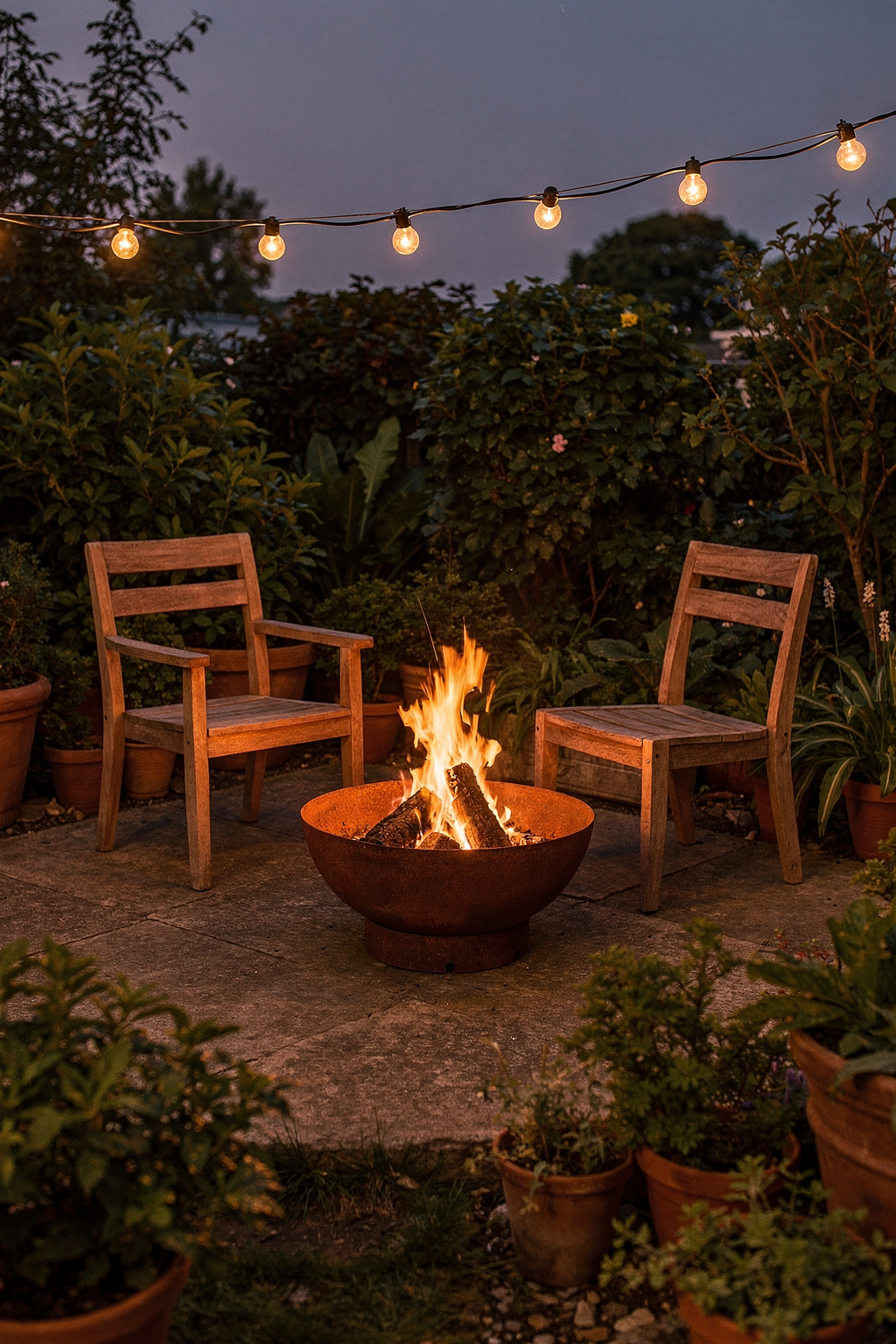 Eine kompakte Feuerschale aus Cortenstahl steht auf einer kleinen Gartenterrasse mit Holzstühlen und Lichterketten.