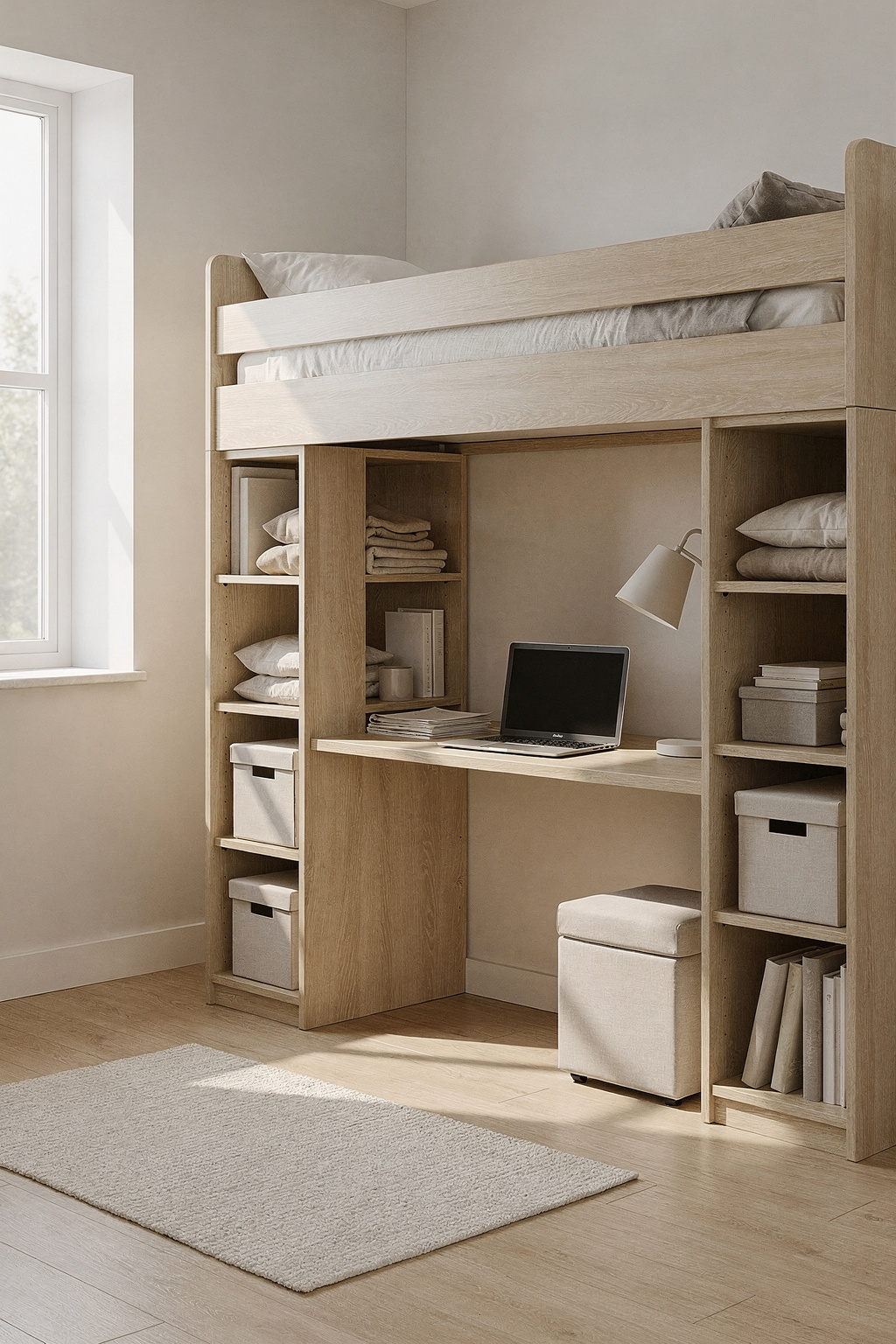 Hochbett mit integriertem Schreibtisch und Regalen im Jugendzimmer, platzsparend und funktional.