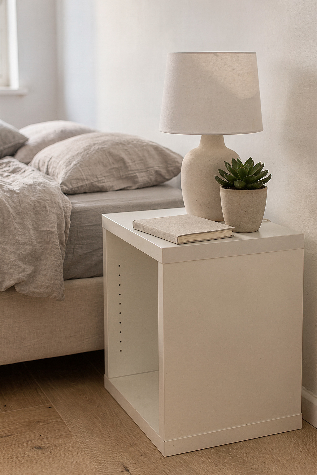Ein IKEA KALLAX Regal dient als Nachttisch neben einem Bett im Schlafzimmer.