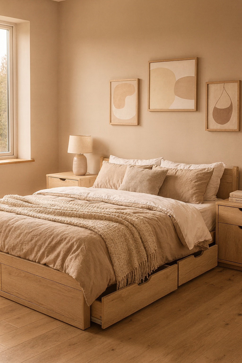 Jugendbett mit Stauraum: Schubladen unter dem Bettrahmen in einem aufgeräumten Jugendzimmer mit hellem Holzdekor.