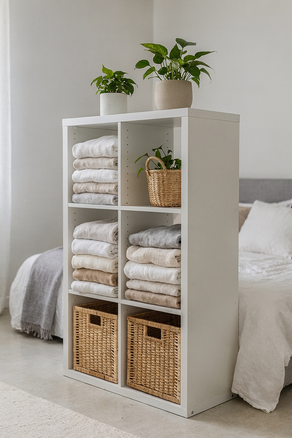 Ein weißes Kallax Regal steht als Raumteiler im Schlafzimmer mit gefalteten Kleidungsstücken und Dekokörben.