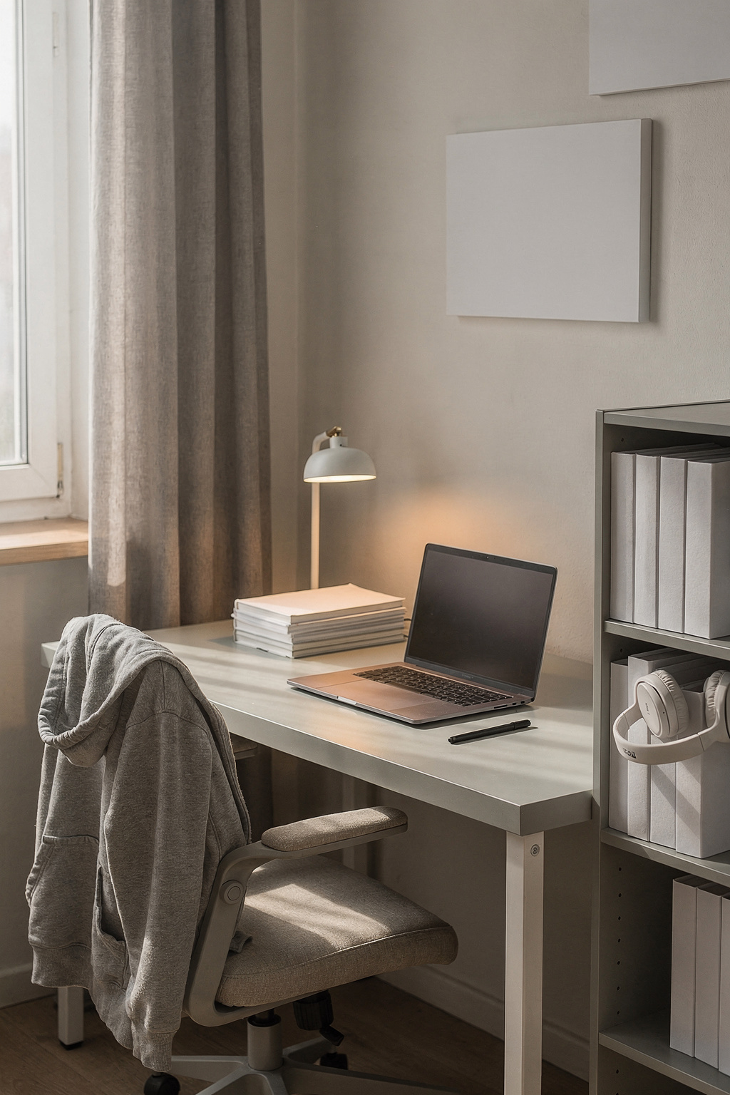 Schreibtischbereich im Jugendzimmer für Jungs mit IKEA Möbeln und aufgeräumter Ablage.