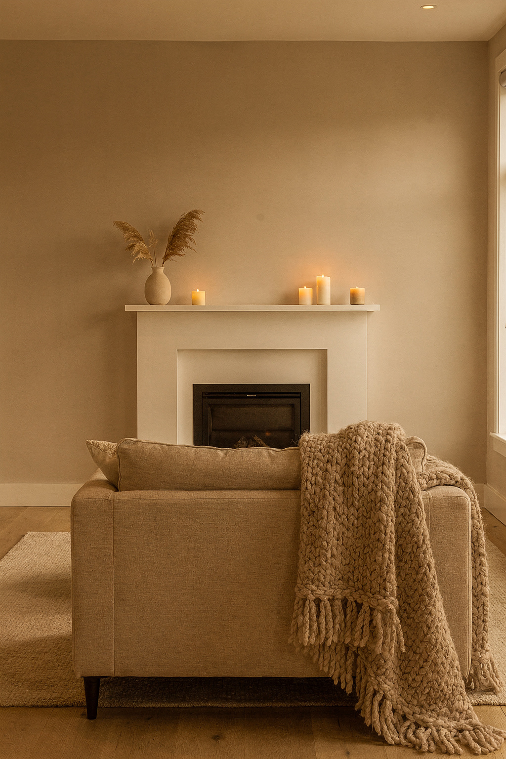 Kleines Wohnzimmer mit Kamin als Mittelpunkt, kompaktes Sofa und warme Holzakzente.