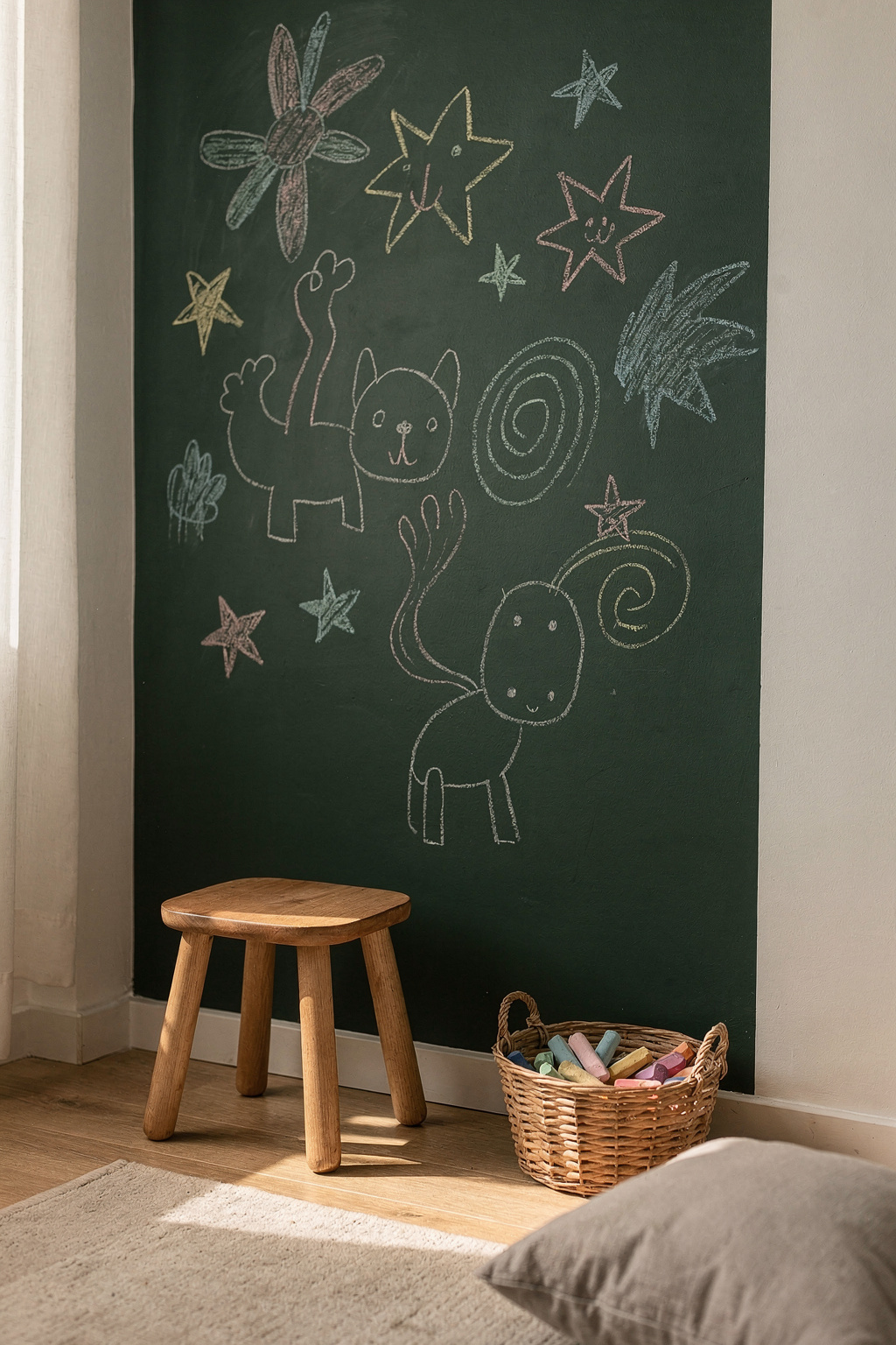 Ein Kinderzimmer mit einer Tafelwand, auf der bunte Kreidezeichnungen zu sehen sind.
