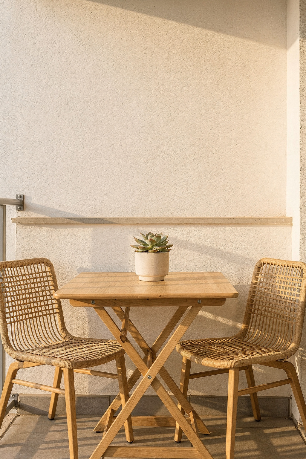 Kleiner Balkon mit einem kompakten Bistro Set aus Holz und zwei geflochtenen Stühlen im Freien.