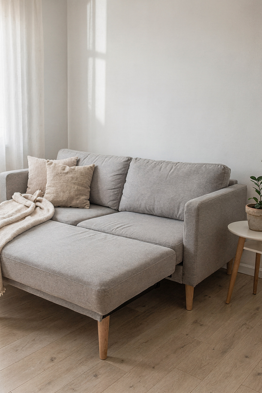 Ein Schlafsofa in einem kleinen Wohnzimmer, halb ausgeklappt als Bett, in hellem skandinavischem Design.