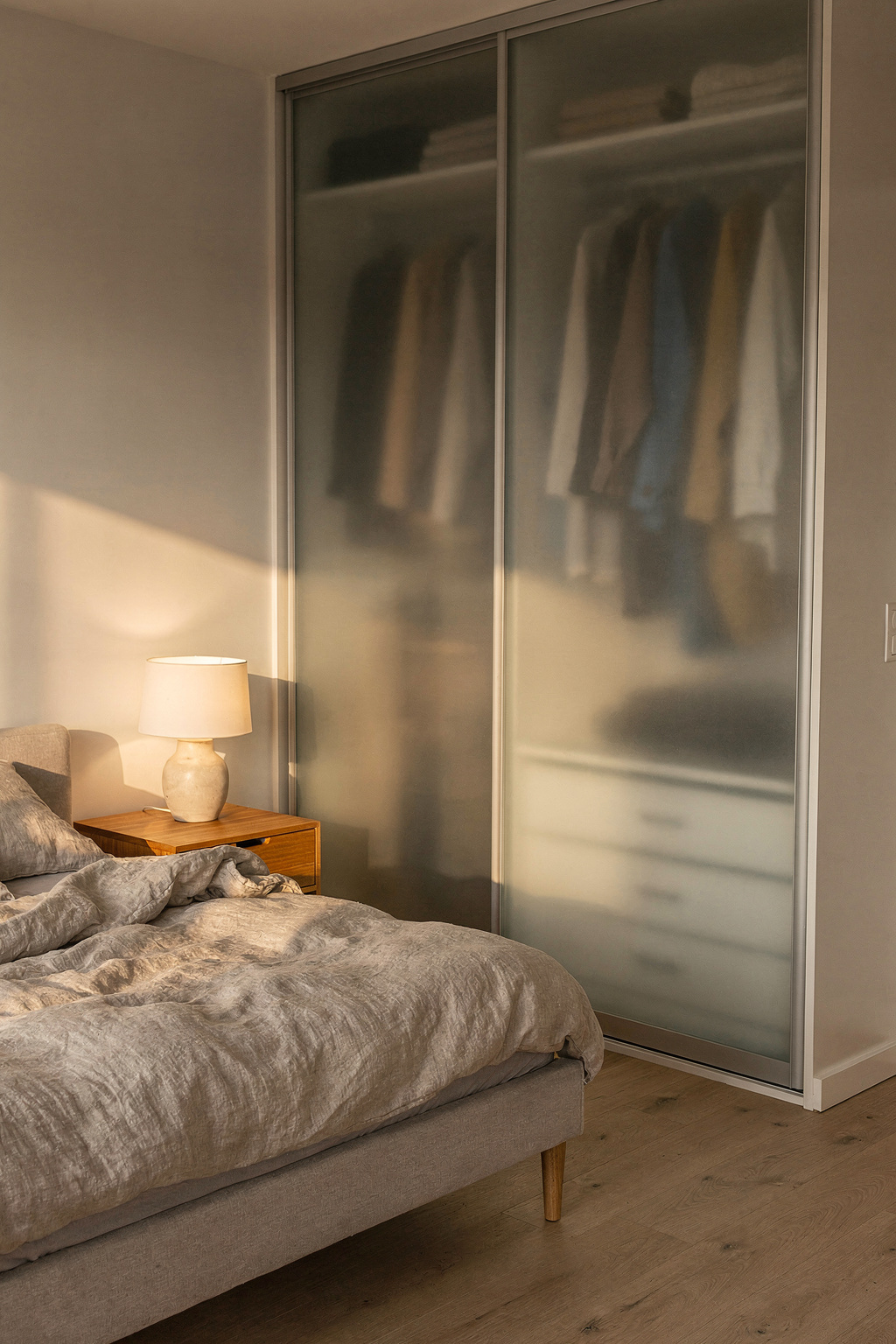 Kleines Schlafzimmer mit großem Einbauschrank mit Schiebetüren aus Milchglas, ordentlich sortierte Kleidung sichtbar.