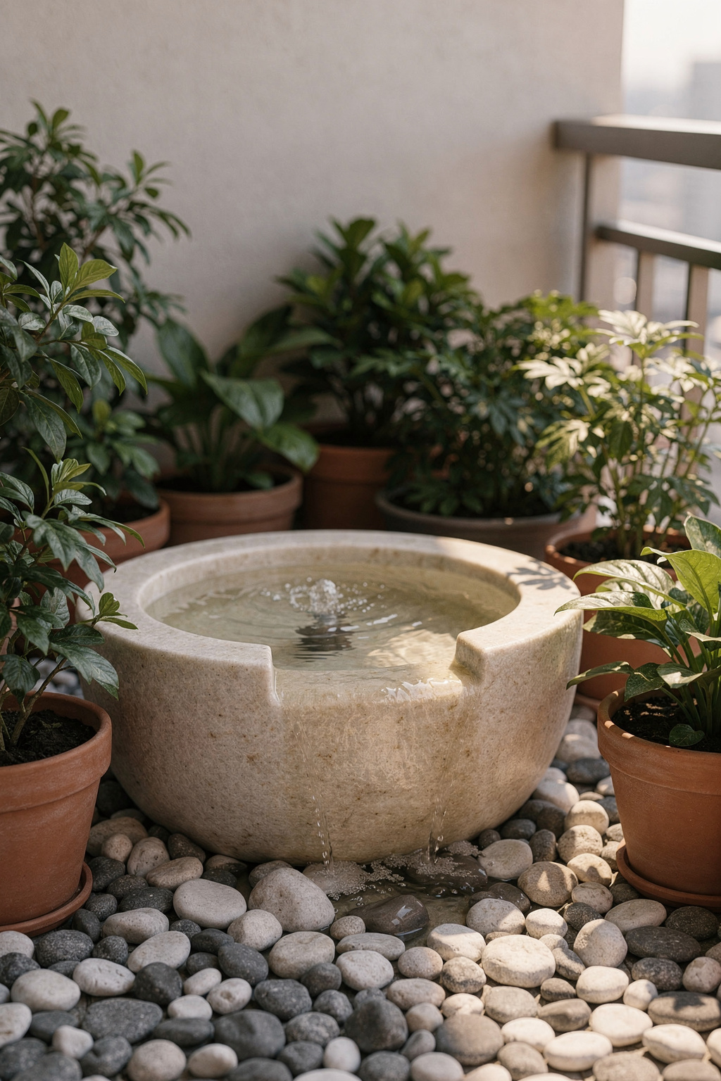 Ein kleiner Springbrunnen steht auf einem Balkon zwischen grünen Topfpflanzen im Tageslicht.