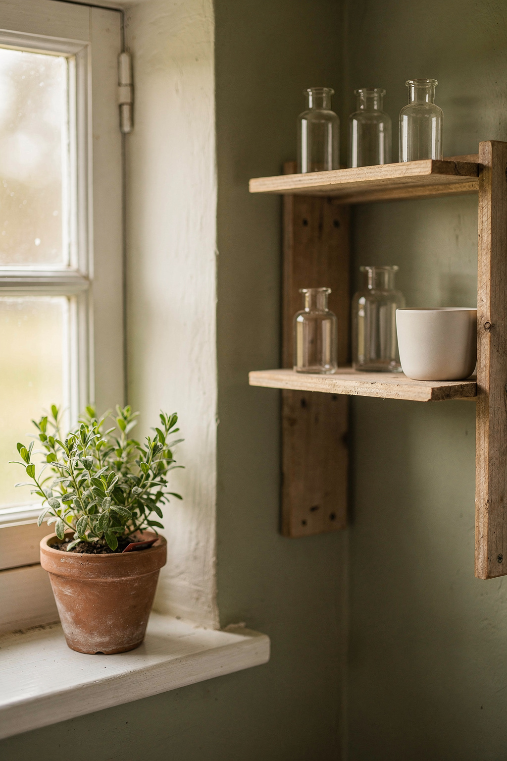 Kleines Landhausbad mit Holzregal, unlabeled Glasfläschchen und einem Topfkraut auf dem Fensterbrett.