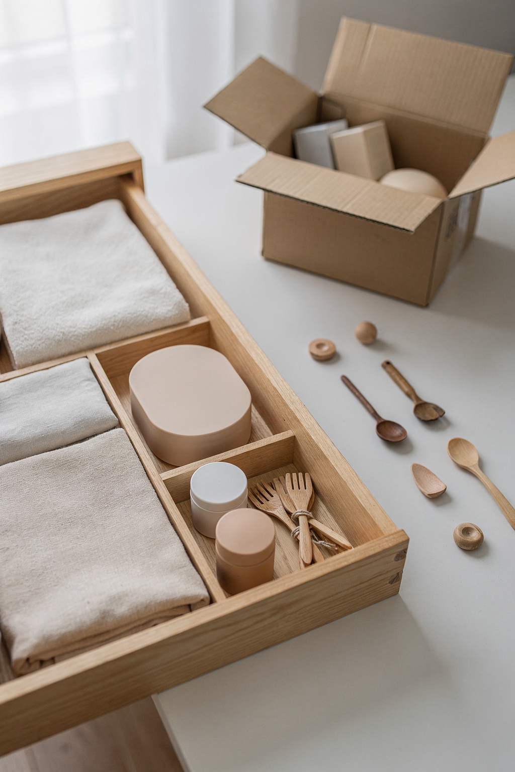 Eine aufgeräumte Schublade mit sortierten Gegenständen zeigt das Ausmisten beim Minimalismus zu Hause.