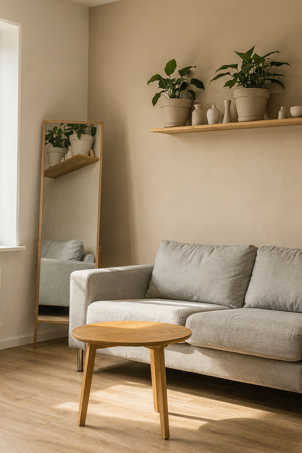 Ein helles 20 qm Wohnzimmer mit kleinem Sofa, Couchtisch und großem Spiegel an der Wand.