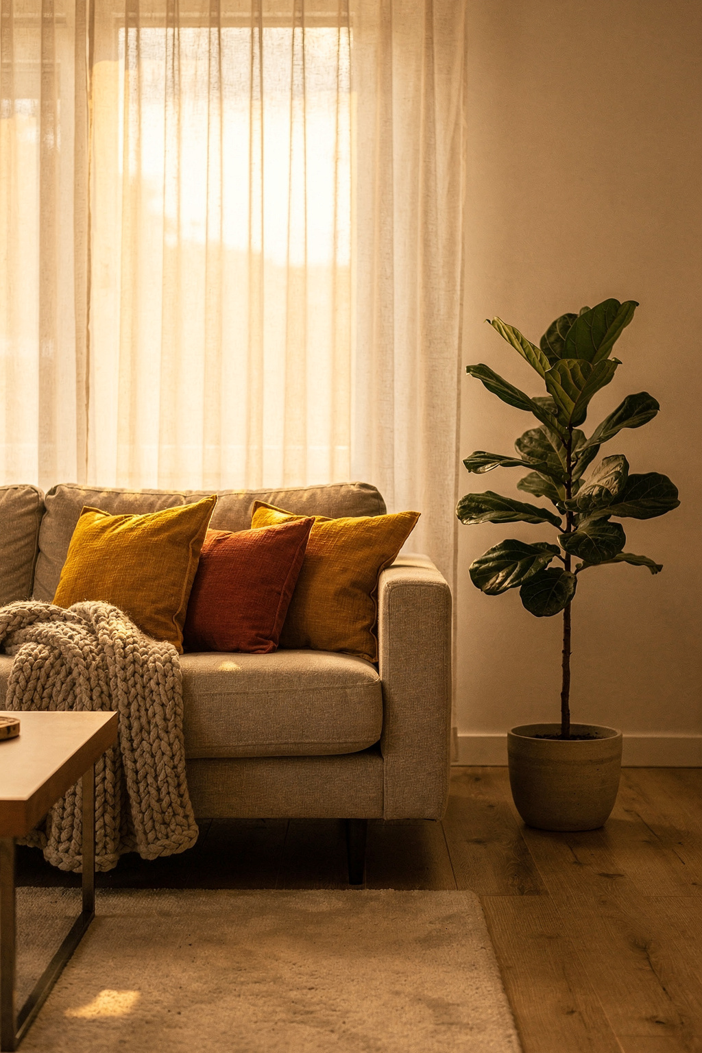Möblierte Wohnung mit bunten Kissen und einer Pflanze auf dem Sofa. Kleine persönliche Akzente machen den Raum wohnlicher.