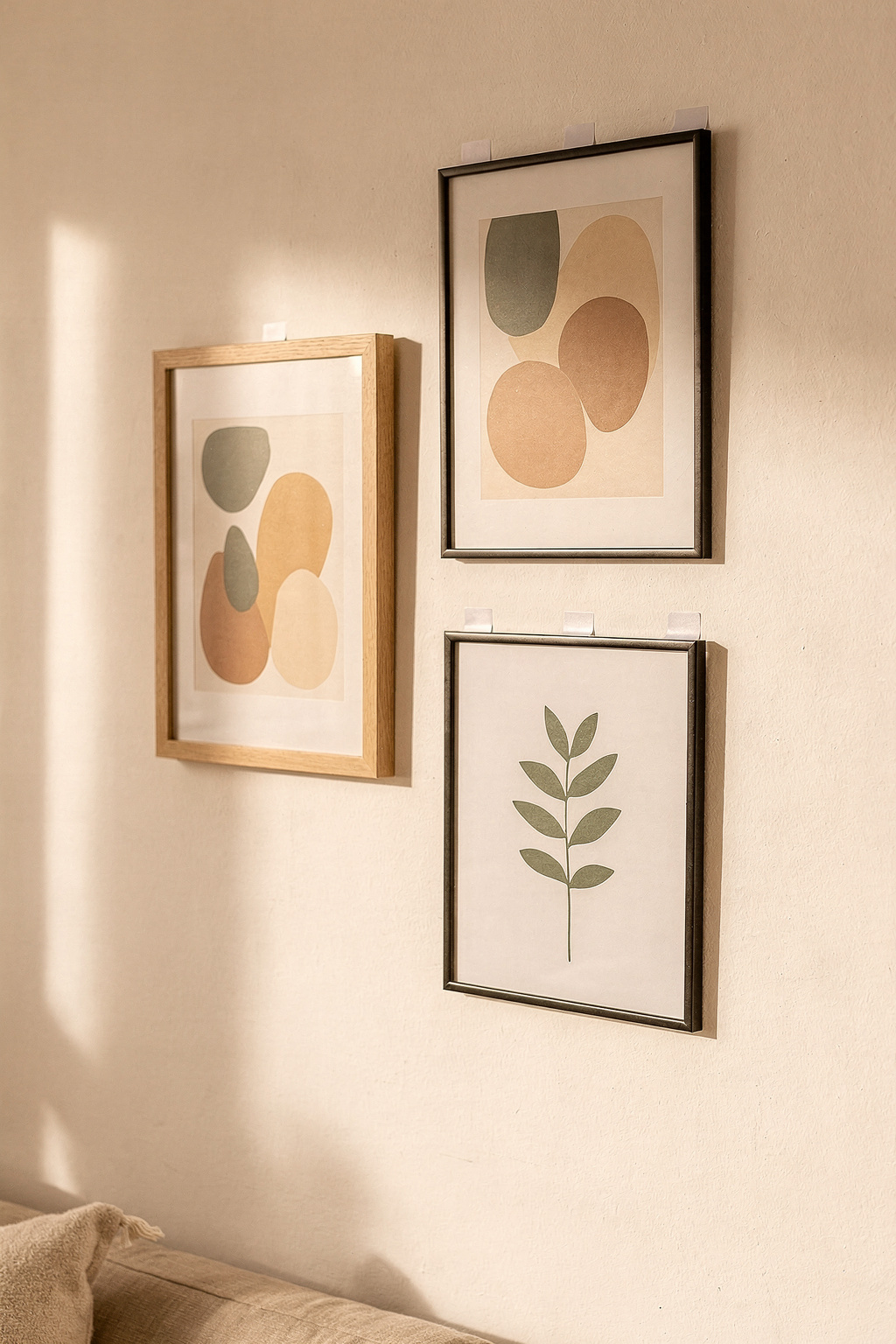 Kleine Galerienwand in einer möblierten Wohnung mit gerahmten Kunstdrucken. Dekorative Elemente verleihen dem Zimmer eine persönliche Note.