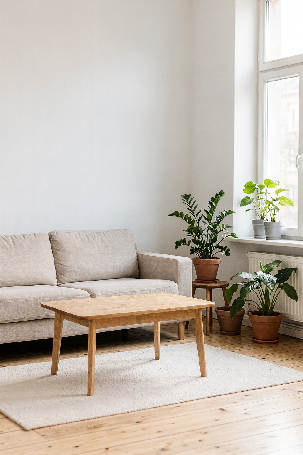 Ein helles Wohnzimmer einer neuen Wohnung mit minimalistischer Einrichtung und natürlichem Licht.