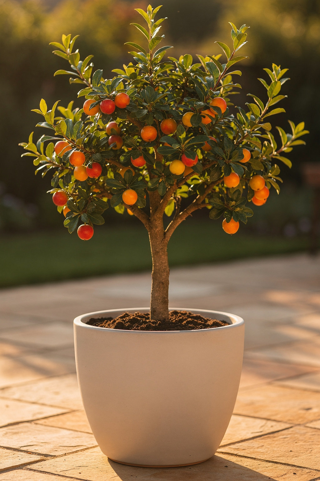 Zwergobstbaum in einem großen Topf auf der Terrasse, mit reifen Früchten und grünem Laub.
