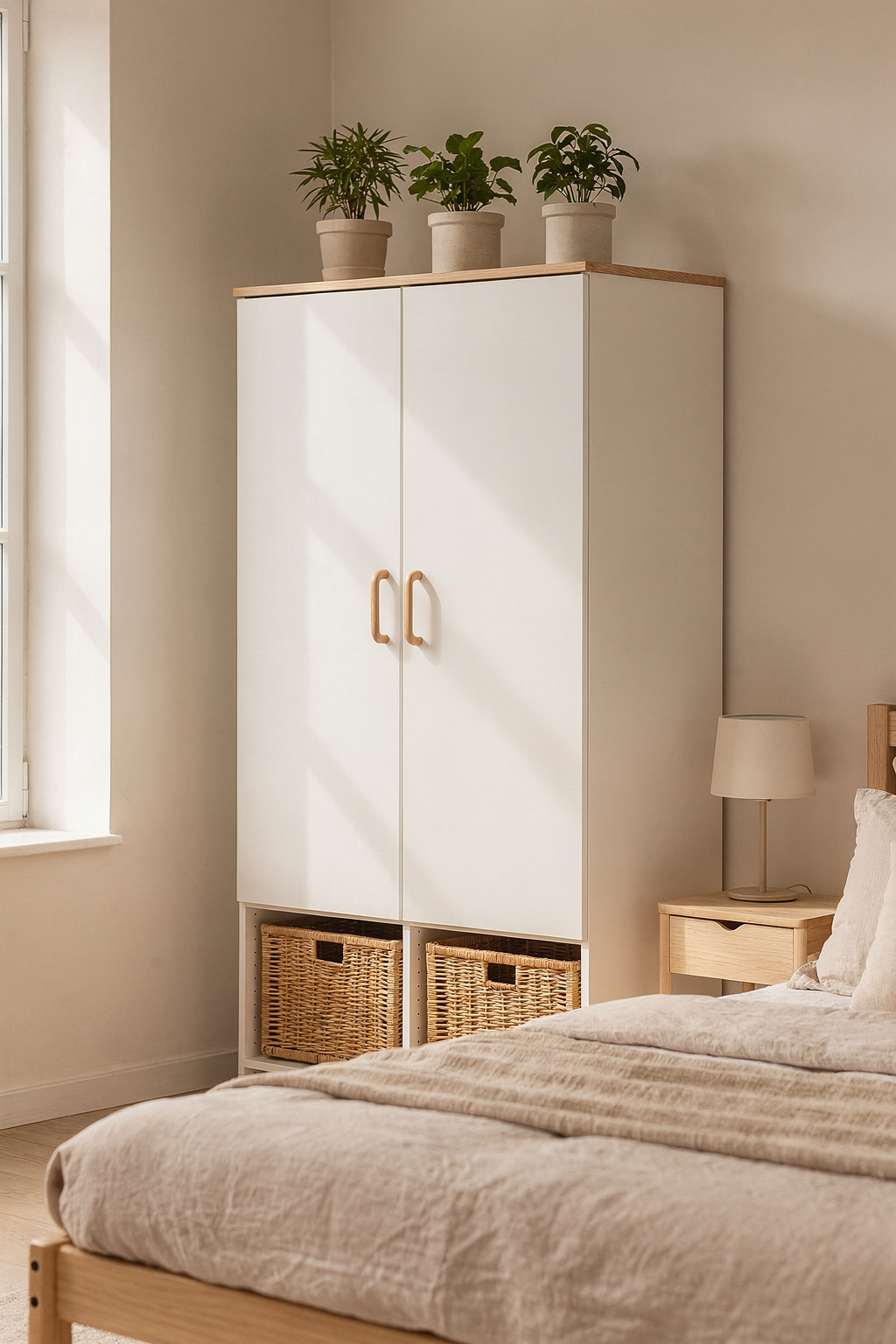Ein IKEA PLATSA Kleiderschrank in Weiß mit Rattankörben und Holzgriffen in einem hellen Schlafzimmer.