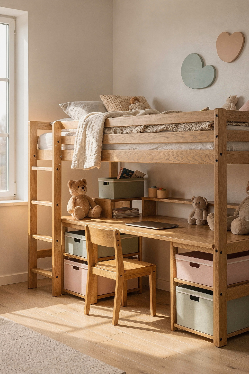 Hochbett mit Schlafplatz oben und Schreibtisch unten in einem kleinen Kinderzimmer für zwei Geschwister.