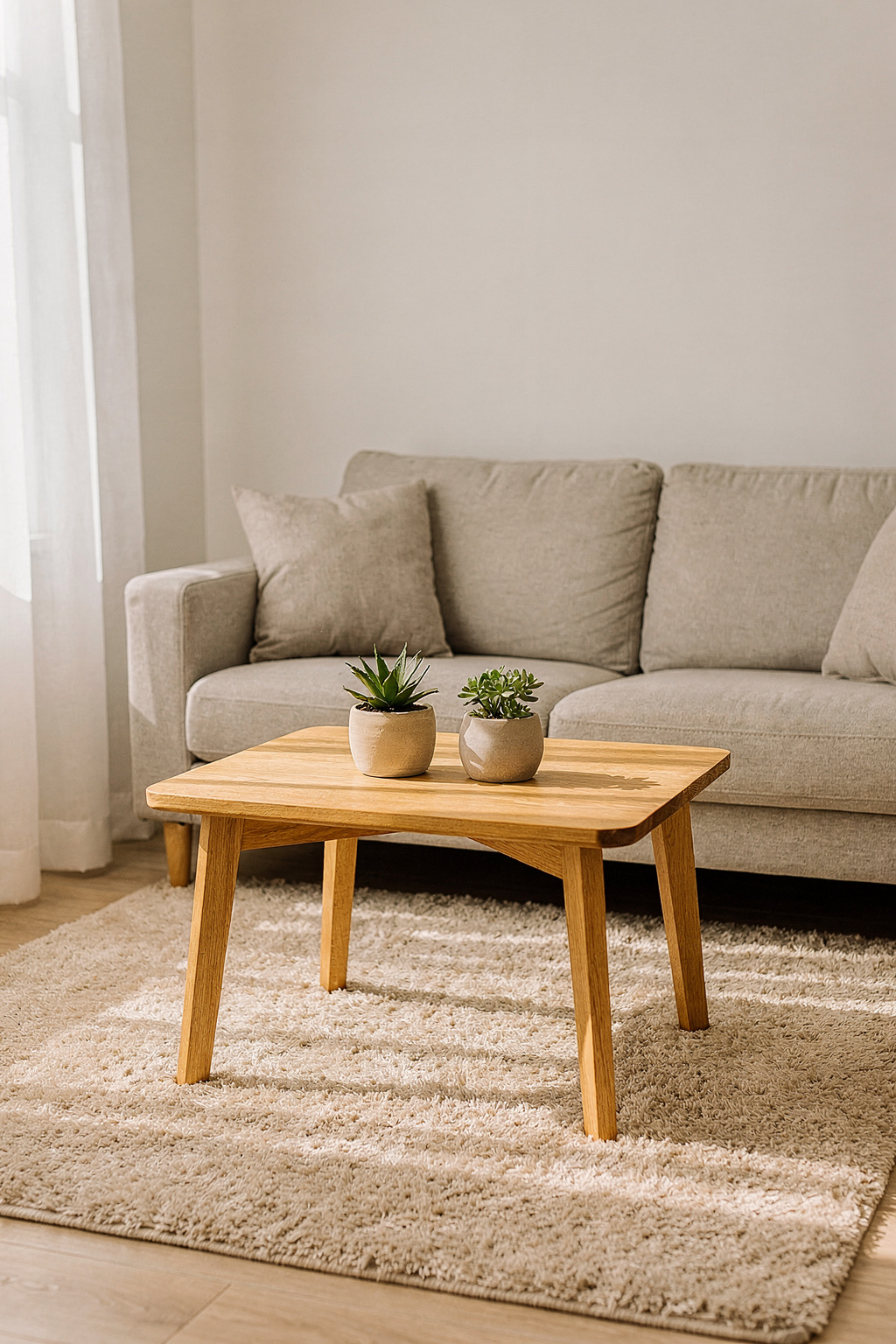 Ein kleiner Couchtisch aus hellem Holz steht in einem kompakten Wohnzimmer mit Sofa und Teppich.
