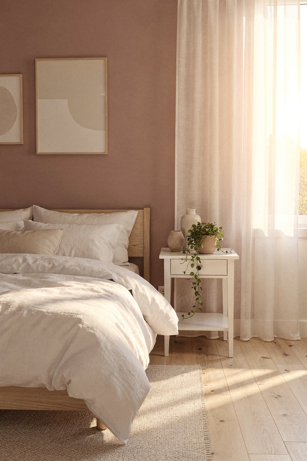 Schlafzimmer mit rosafarbener Akzentwand, weißer Bettwäsche und hellem Holzbett im Scandi-Stil.