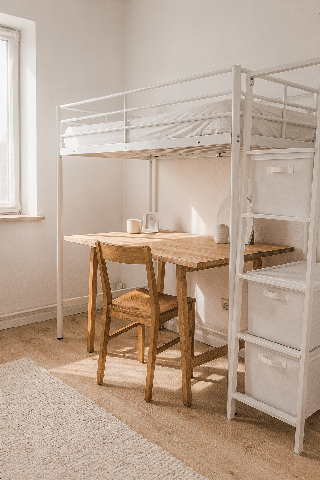 Ein Hochbett mit Schreibtisch darunter in einer 1-Raum-Wohnung, platzsparend eingerichtet.