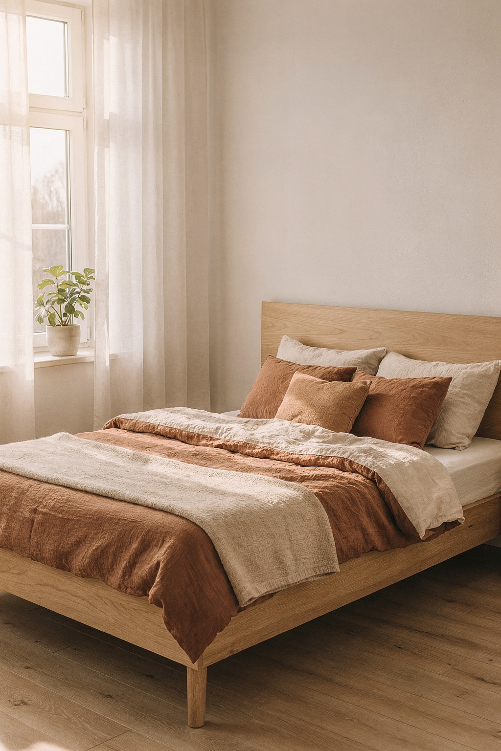 Ein gemütliches Schlafzimmer mit warmer Bettwäsche in Creme und Terrakotta sowie weichen Kissen.
