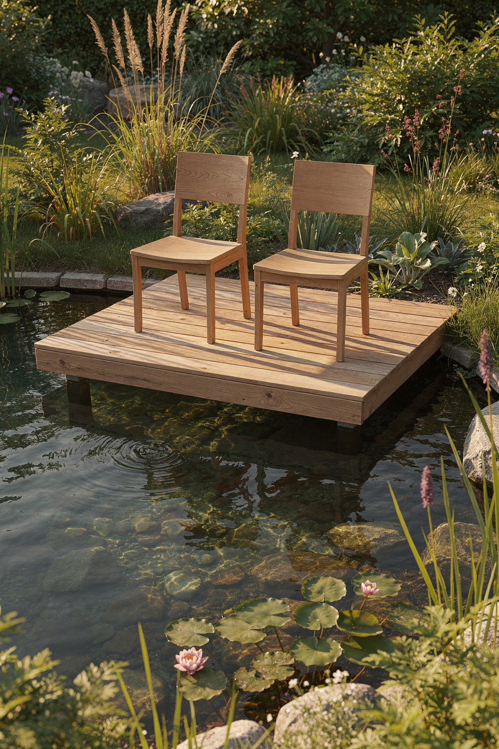 Hölzerne Terrasse direkt am Gartenteich mit zwei schlichten Stühlen und Blick ins klare Wasser.