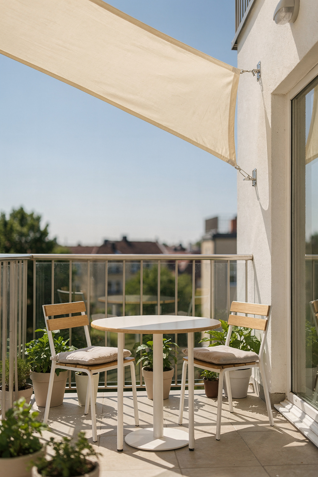 Ein cremefarbenes dreieckiges Sonnensegel spannt sich über einen kleinen Balkon und spendet Schatten.