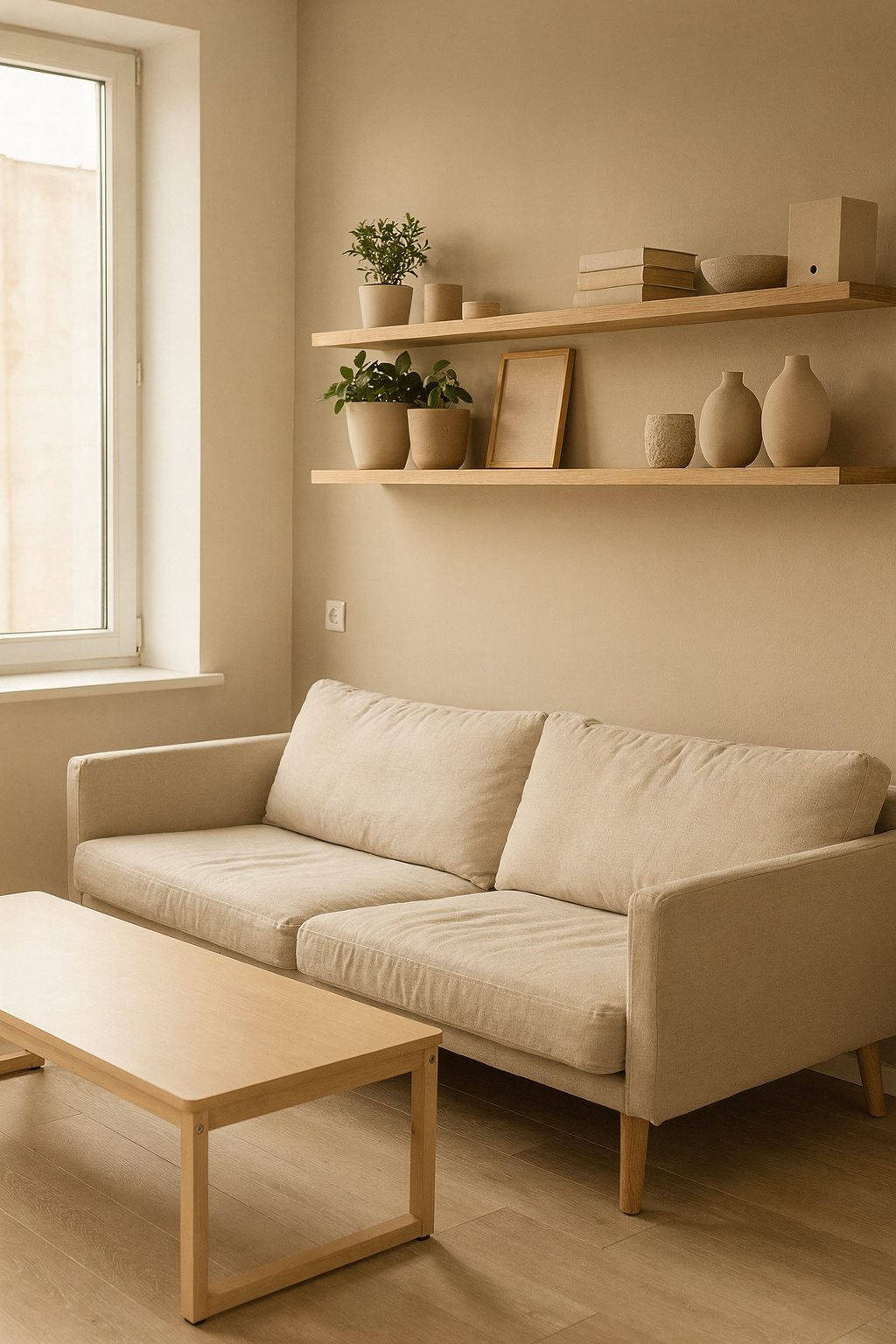 Helles Wohnzimmer einer kleinen Wohnung mit platzsparendem Sofa und Wandregalen.