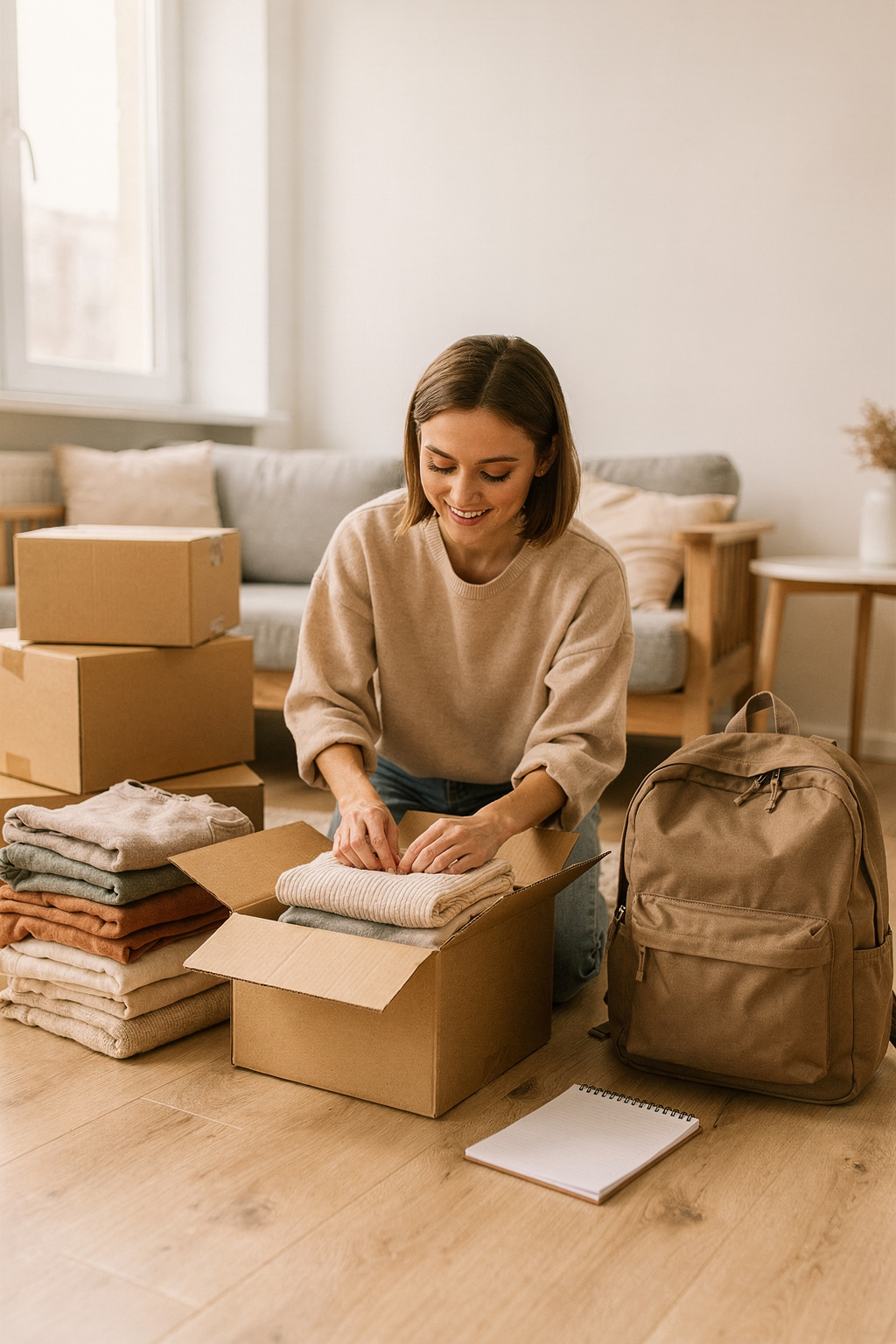 Eine Studentin packt beschriftungsfreie Umzugskartons in einer hellen Wohnung. Kleidung liegt ordentlich gestapelt daneben.