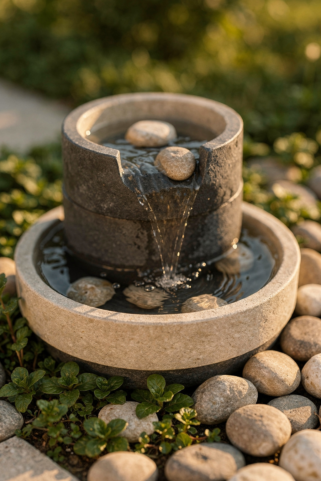 Kleiner Terrassenbrunnen mit fließendem Wasser in einem miniaturisierten Garten mit Kieselsteinen.