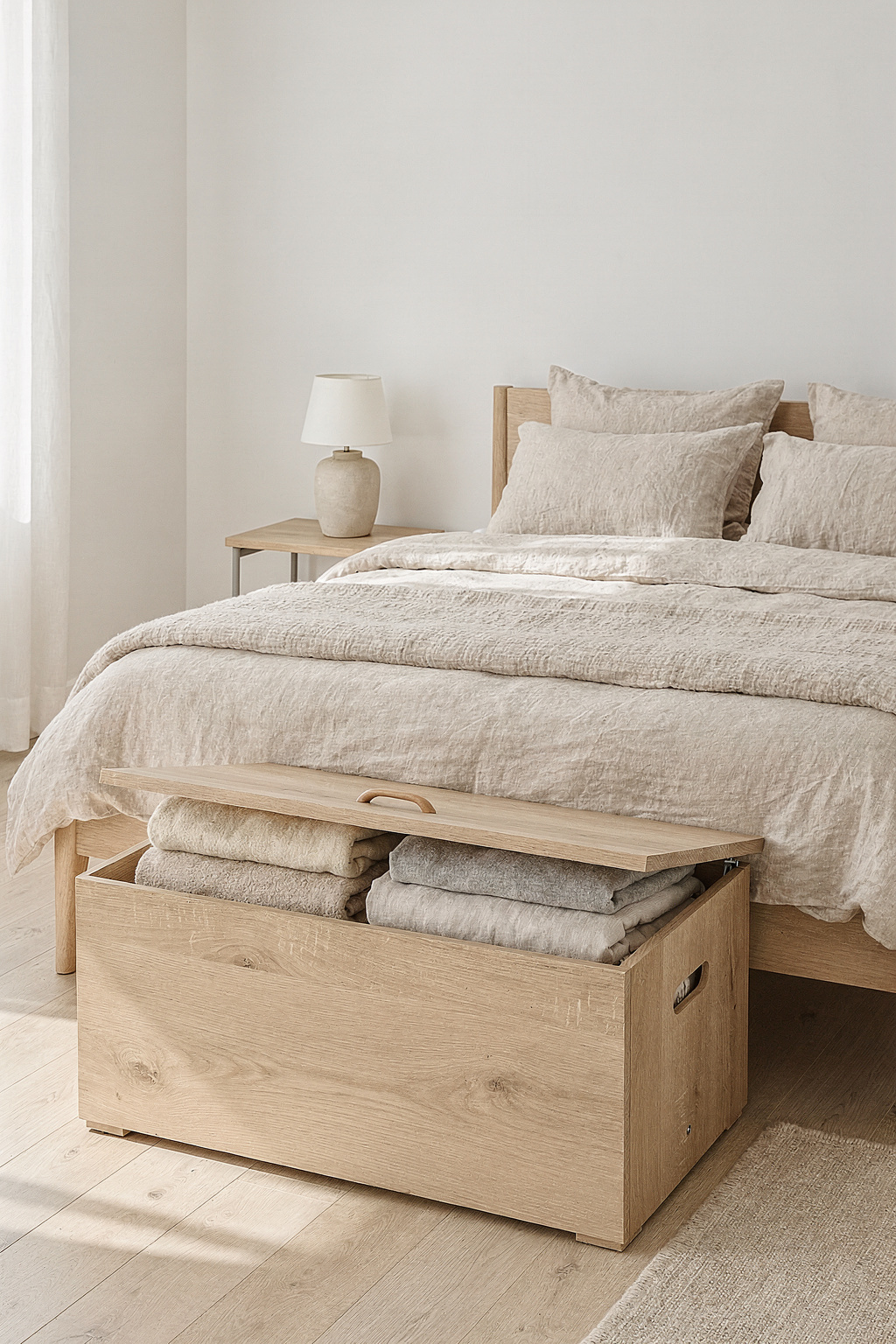 Eine Holztruhe im Schlafzimmer dient als Aufbewahrung für Bettwäsche und Decken am Bettende.