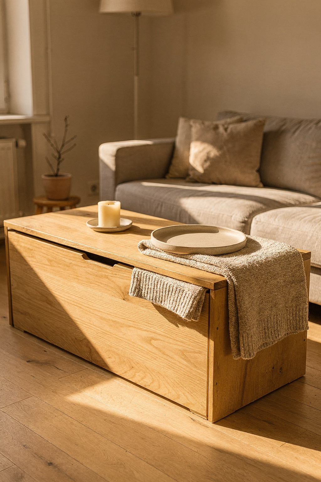 Eine IKEA Truhe dient als Couchtisch im Wohnzimmer, mit gefalteter Decke und kleiner Kerze obenauf.