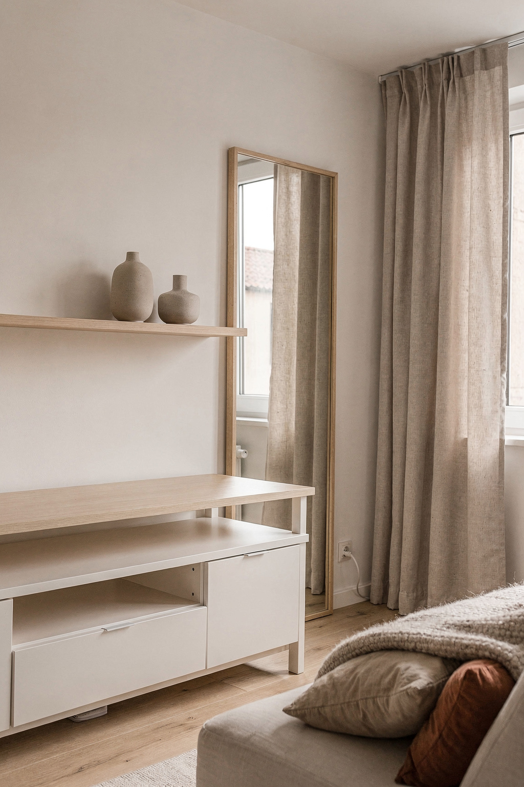 Helles Wohnzimmer mit Spiegel und hellen Möbeln, die den kleinen Raum größer wirken lassen.