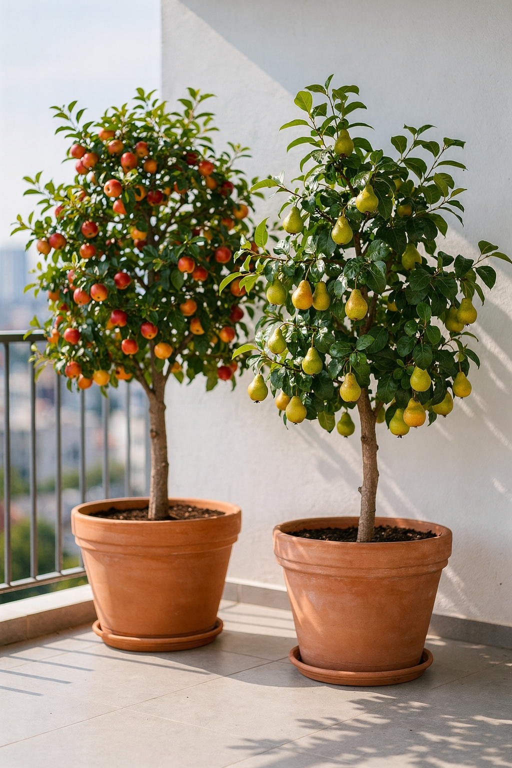 Kleine Obstbäume in Kübeln auf einem Balkon mit sichtbaren Früchten und grünem Laub.